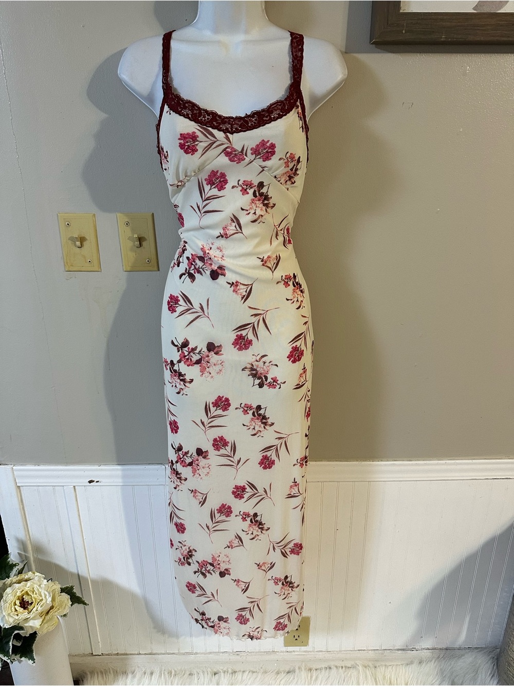 Floral Lace-Trim Midi Dress in Cream and Burgundy